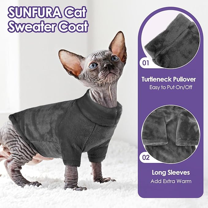 Turtleneck Sweater Coat for Cats, Sphynx Cat Clothes Pajamas for Cats Only, Kitten Fleece Pullover Sweaters with Sleeves, Pet Warm Jumpsuit Cat Sweatshirt for Cold Weather, Grey S