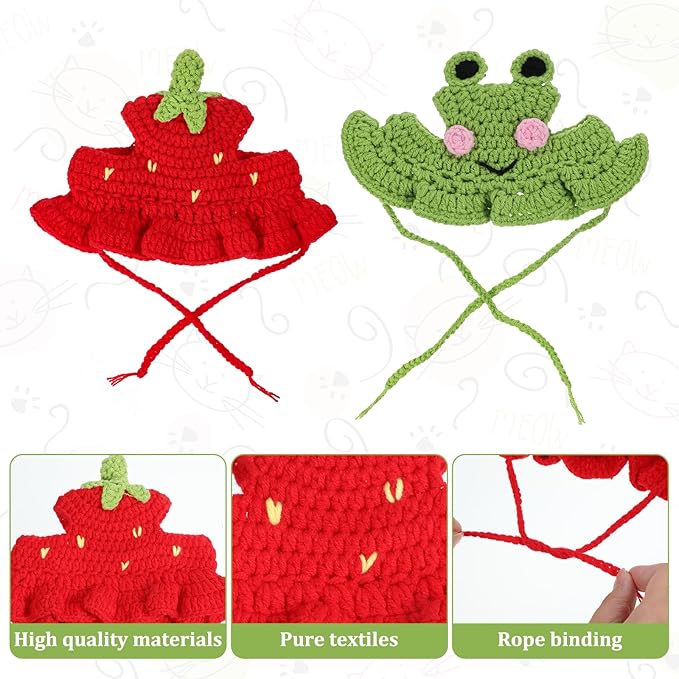 2pcs Frog and Strawberry Cat Hat, Cotton & Soft Cute Knitted Hats for Cats, Christmas Halloween Holiday Party Clothes Birthday Party Puppy Hat for Small Pets