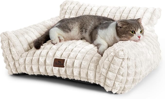 Cat Beds for Indoor Cats - Cute Cat Couch Bed Fluffy Pet Sofa with Faux Rabbit Fur Washable Cover, Fuzzy Pet Couch in 3D Diamond Pattern, Suppportive Large & Small Cats Sofa, 24inch Off White