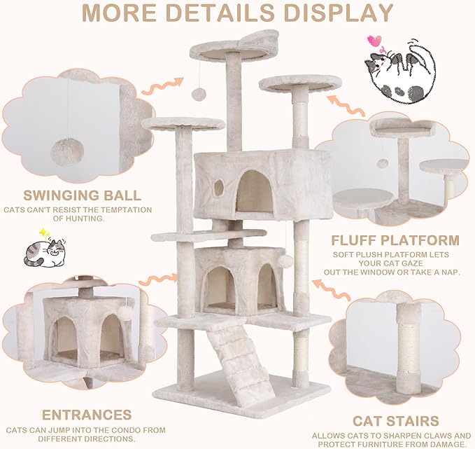 54 Inch Tall Cat Tree Tower - Multi-Level Cat Condo with Scratching Post, Toys & Rest Area, Beige