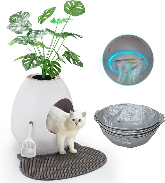Eggloa6 Litter Box Plant Cat Litter Box Enclosure Extra Large Hidden Litter Box with 5PCS Litter Box Liners, Cat Litter Mat, Smart Odor Removal System for Cat Kitty Rabbit Mini Dutch Pig