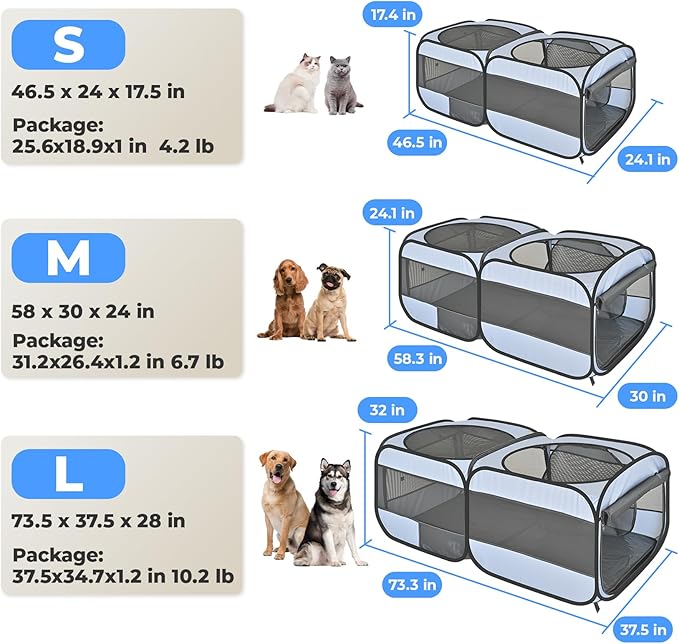 2-in-1 Dog Playpen, 46.5'' Pop Up Cat Puppy Pet Playpens Indoor/Outdoor Cats Enclosed, Cat Dog Tent Crate Cage Kennel, Portable Playpen for Kitten, Small Animals Play Pen(No Divider, Unified Space)