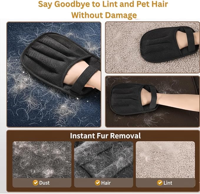 2 Pack Pet Hair Remover Gloves, Enhanced Five Finger Static Grooming Mitts for Cats and Dogs, Washable Reusable Fur Removal Tool for Furniture, Clothing, Carpet, Couch and Car Seats