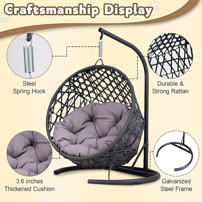 Hanging Cat Swing Bed with Stand & Cushion – Rattan Wicker Egg Chair for Cats, Small Dogs & Pets, Indoor Swinging Bed, Cozy Resting Spot, Modern Design (Gray)