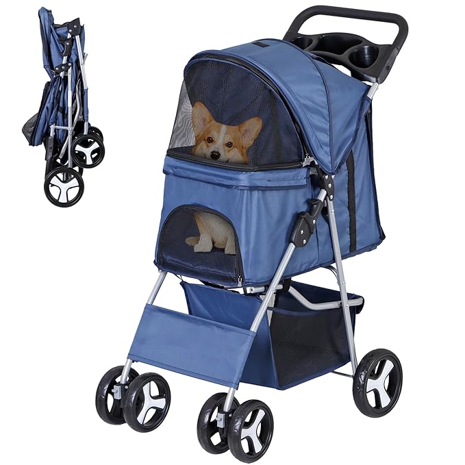 4 Wheels Foldable Pet Dog Cat Jogger Stroller Travel Carrier Strolling Cart w/Waterproof Cover Storage Basket Cup Holder & Removable Liner for Medium Small Cat Dog, Navy Blue