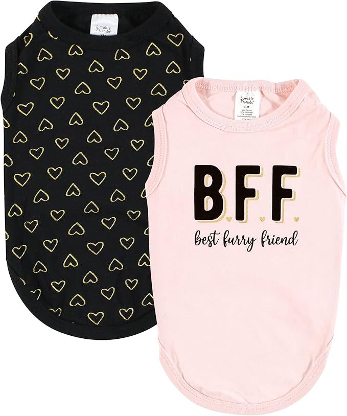 Luvable Friends Dog Pet Dog and Cats Cotton T-Shirts 2pk, BFF Hearts, Medium