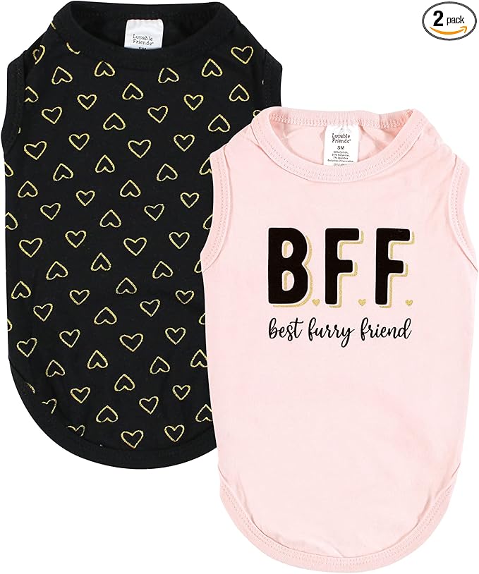 Luvable Friends Dog Pet Dog and Cats Cotton T-Shirts 2pk, BFF Hearts, X-Small