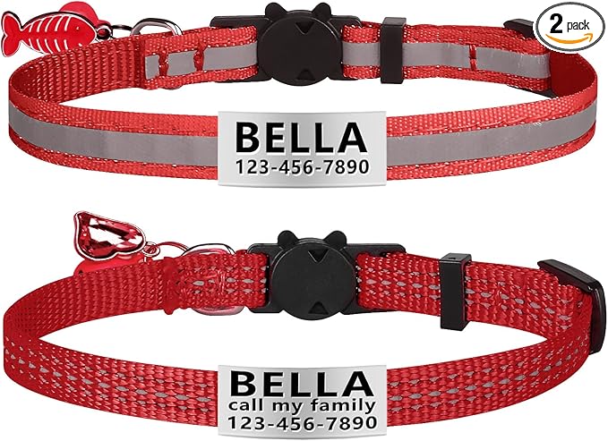 La Reine 2 Pack Cat Collar with Name Tag, Personalized Reflective Cat Collar Breakaway with Bell and Fish Bones and Heart Pendant (Red)