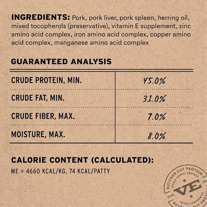 Vital Essentials Freeze Dried Cat Food, Raw Pork Mini Patties | Complete Meal or Topper | Easy to Portion and Rehydrate | High Protein, Grain Free Dry Cat Food | 8 oz Bag