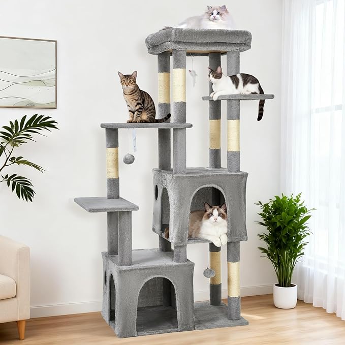 61.4 Inch Cat Tree, Large Cat Tower with Sisal Scratching Posts, 2 Spacious Cat Beds, Hanging Ball & Top Perch, Ideal for Large Indoor Adult Cats, Light Gray