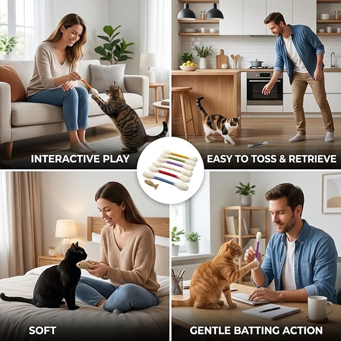 7-Piece Set 5.9inch giant q tip cat toy and 8inch Mint linen imitation fish,Qtip Cat Toy for Interactive Play Sessions and Anxiety Relief, Giant Qtip Toy for Indoor Cats with Stomach Discomfort