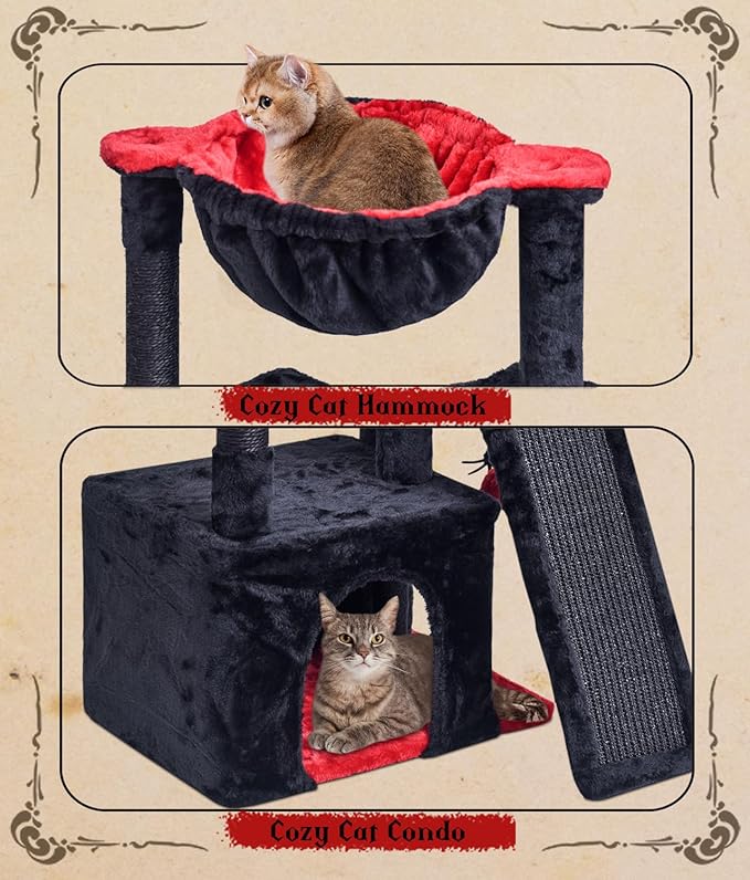 SYANDLVY Gothic Cat Tree for Indoor Cats Large Adult, Modern Activity Tower with Scratching Posts & Board, Condo with Plush Perch, Cradle & Hanging Ball & Spider for Play, Black
