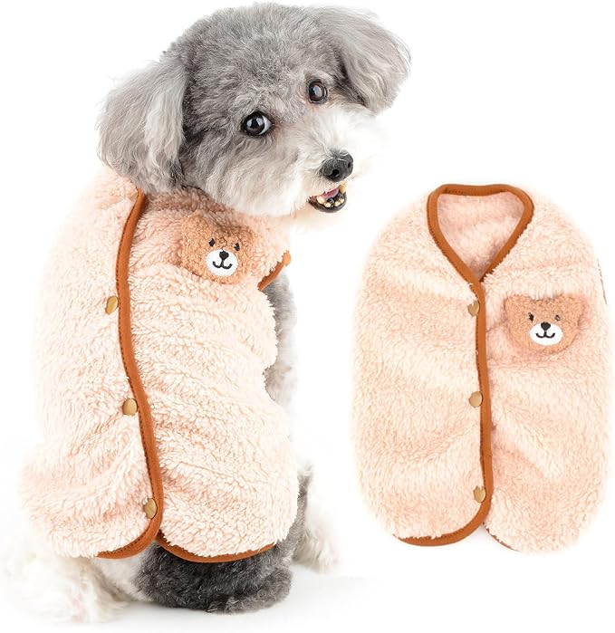 Fleece Small Dog Sweater, Solid Pet Vest with Bear Patch Elastic Soft Outfits Puppy Clothes Warm Fall Winter Apparel for Cat Chihuahua Yorkie,Beige,XS