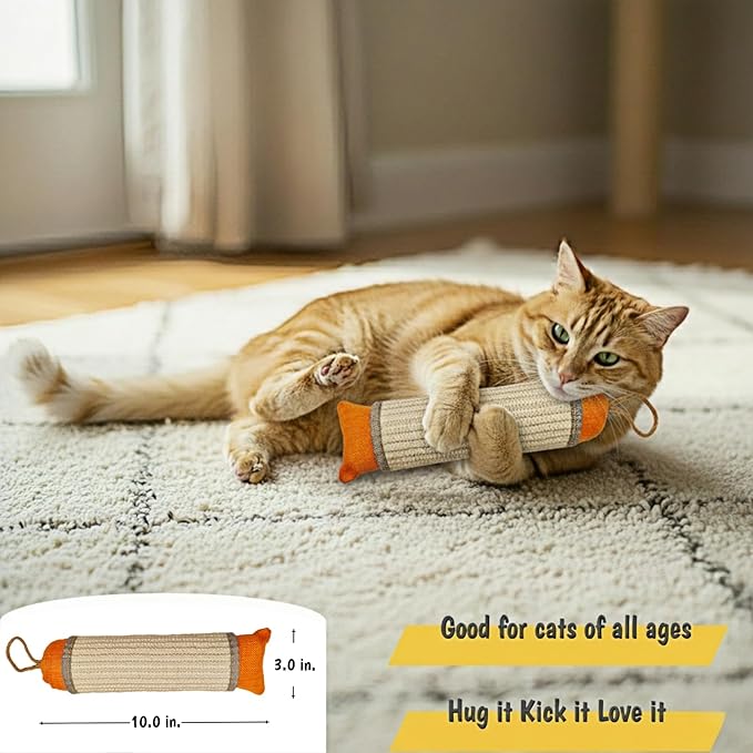 Catnip Cat Kicker Toy, 10 Inch Long Cat Scratcher Post, Natural Sisal Toy for Indoor Cats(Oranger and Silver)