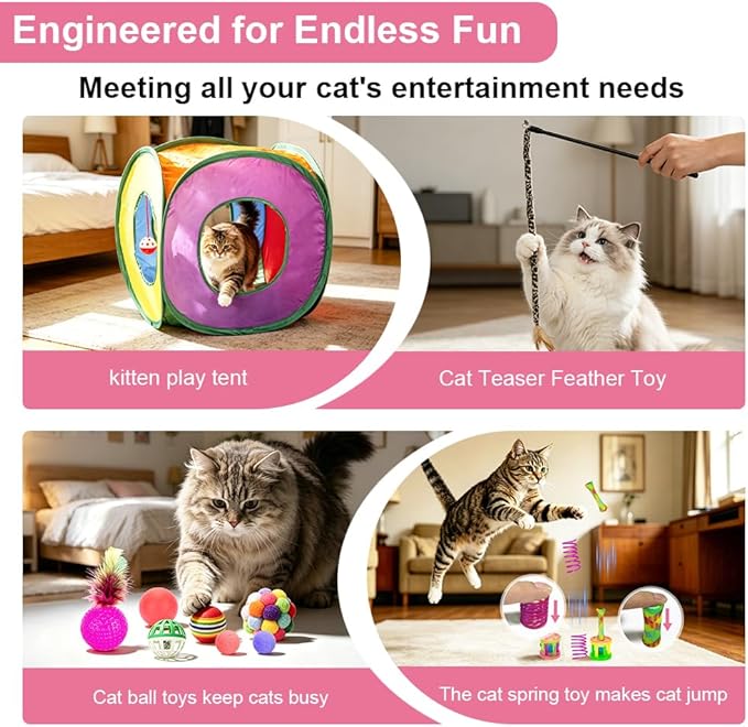 Retro Shaw Cat Toys Pack 33Pcs, Interactive Kitten Toys for Indoor Kittens Cats, Collapsible Kitty Play Tunnel Tent Feather Wand Balls Bell Springs Mouse Kitty Toys for All Breeds (Medium Tunnel)