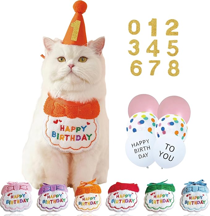 Reusable Cat Birthday Decorations Set - Adjustable Cat Birthday Hat & Bandana with Age Numbers | Kitty Celebration Kit for Memorable Milestones（Orange）