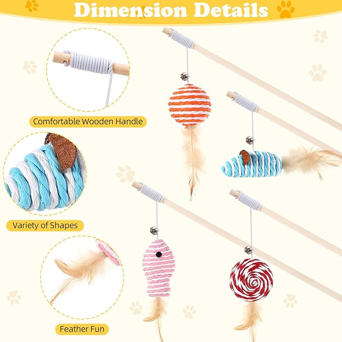 Leitee 20 Pcs Cat Interactive Toys Set Wooden Cats Teaser Wand Toy with Feather Handle Chew Rope Mouse Sisal Balls with Bells for Indoor Kitten Play Chase Exercise (Mice Toy)
