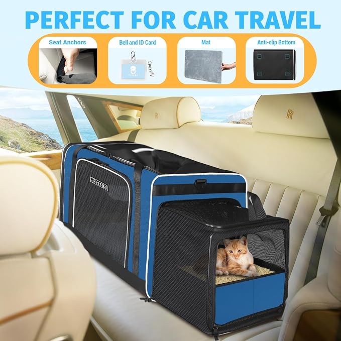 Petskd Side Expandable Extra Large Cat Carrier with Litter Box Area, 24"x17"x17" Soft-Sided Pet Carrier for 2 Cats Under 55 lbs with Zipper Locks for Car Travel(Prussian Blue)