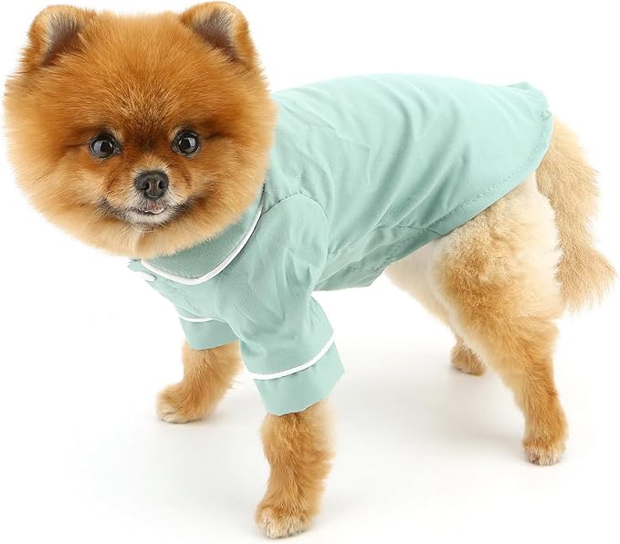 SMALLLEE_LUCKY_STORE Dog Pajamas for Small Medium Dogs Cats Soft Pet Sleepwear Shirts Comfortable Lapel Pjs Loungewear Clothes Bulldog Chihuahua Yorkie Two-Legged Outfit, Green, S