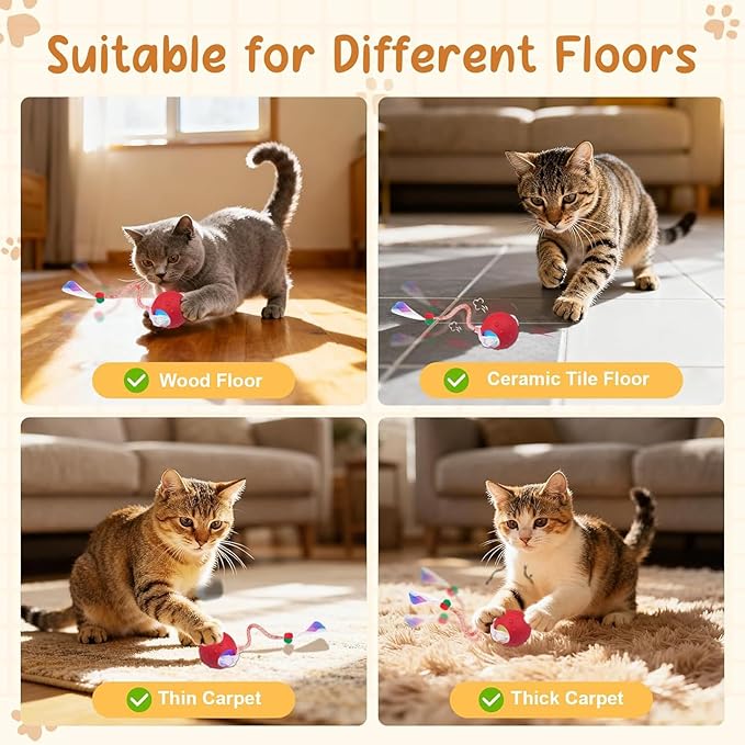 2PCS Interactive Cat Toys for Indoor Cats with 6 Tails, Automatic Cat Toy Fast Rolling on Carpet/ Wooden Floor/ Tiles, Rechargeable Kitten Toys for Small/ Medium/ Large Cats to Enrichment Exercise