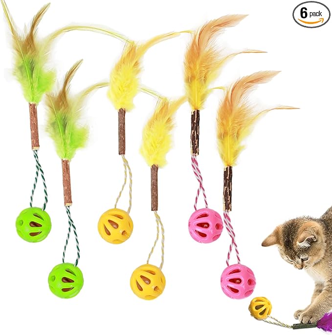 3-in-1 Cat Toy Balls with Feather, Silvervine Stick and Inside Bell, Colorful Lattice Interactive Bell Balls for Indoor Cats and Kittens, Cat Teeth Cleaning Toys, 6 Pcs
