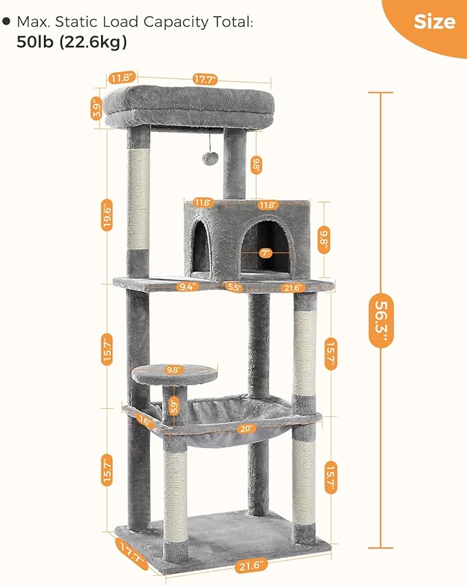 MUTTROS Cat Tree for Large Cats Adult with Metal Plush Big Hammock, 56.3" Cat Tower with 2 Door Condo House, 6-Tier Cat Shelves with Scratching Posts and Large Top Perch, Gray