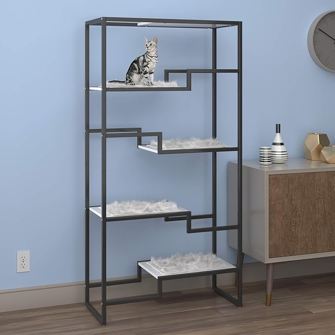 The Refined Feline 62 Inch Tall Metropolitan Cat Condo, Black Metal Frame Cat Tower, Multi-Level Modern Cat Tree for Indoor Cats, White Platforms with Faux Fur Replaceable Cushions