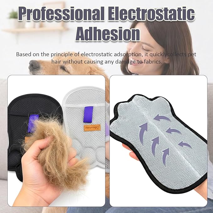 2PCS Paw Shape Pet Hair Removal Glove for Dogs & Cats, Reusable Electrostatic Lint Remover Brush for Couch, Carpet, Clothing, Bed, Car Seat, Upgraded Design（Black）