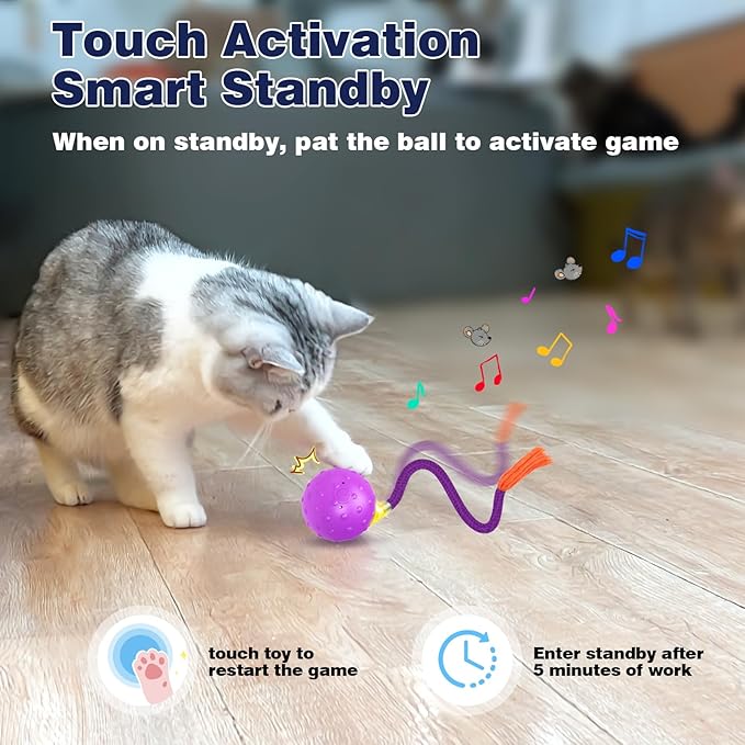 Interactive Cat Toys Hide-and-Seek, Touch to Activate, Quickly Roll in The Brood Bag, Real Mouse Squeaking Sound, The Best Cat Toy for Bored Indoor Cats