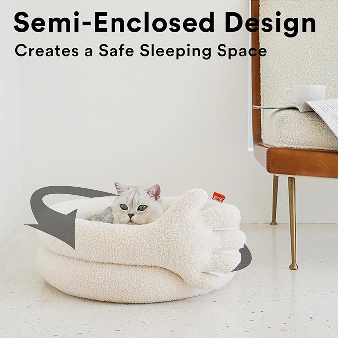 ZEZE Hugging Hand Cat Bed – Cozy Fleece Round Nest for Cats & Small Pets, Plush Supportive Cushion, Washable Cover, Modern Neutral Design, 21 x 26 x 9 Inches