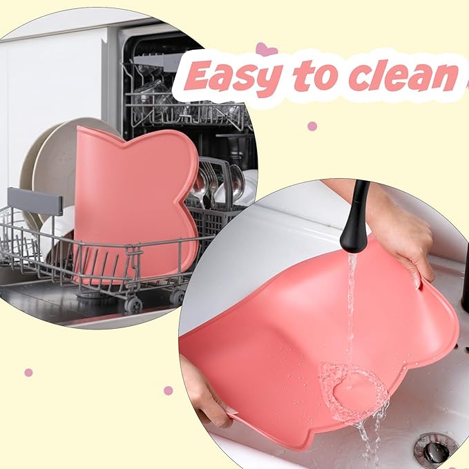 Xindojuz Cat Bowl Mat for Food and Water, Silicone Pet Feeding Food Mat for Floor Waterproof Non-Slip Dog Water Bowl Tray Cushion with Raised Edge for Indoor Cats Dogs Pet Placemat (Pink, 44×26 cm)