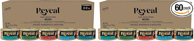 Reveal Natural Wet Canned Cat Food, 5-Flavor Variety Pack, Limited Ingredient, Grain Free, High Protein with No Artificial Additives, Fish Variety in Broth (20 x 2.47 oz Cans) (Pack of 60)