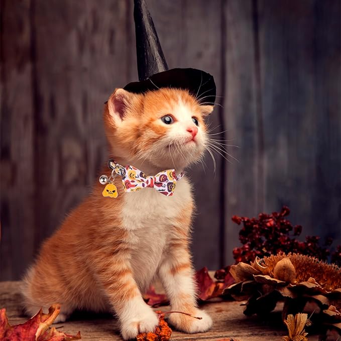 PTDECOR Halloween Cat Collars with Bow Tie Bell, 2 Pack Kitten Collar with Removable Bowtie Halloween Pumpkin Collar for Cats Kittens