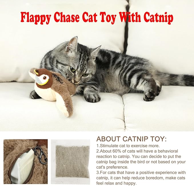 Upgraded Interactive Chirping Bird Cat Toys with Flapping Wings,No Flying Birds Cats Toy, Flying Simulation Electric Sparrow Shaking Hunting Pet Toy for Indoor-Larger
