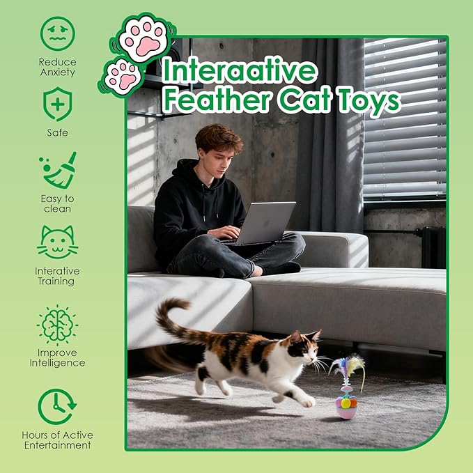Wobble Cat Toy - Self Righting Feather Toy for Cats & Kittens, Rocks & Sways, Fun & Engaging Play- Interactive Kitten Enrichment Feather Toy for Cats to Play Alone （Contains Catnip）