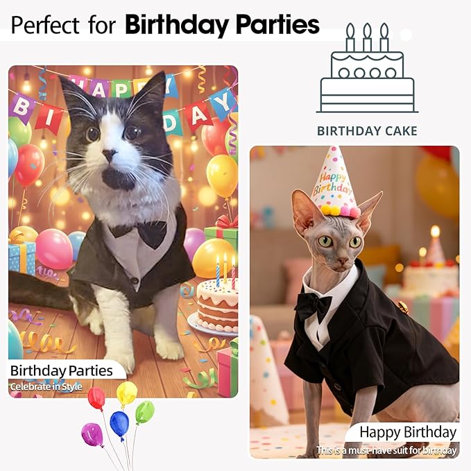 QBLEEV Cat Tuxedo Outfit, Formal Cat Suit Costume with Bow Tie, Sphynx Hairless Clothes for Cats Only, Kitten Wedding Birthday Party Attire Apparel for Male Boy, Cute Small Pet Gentleman Formal Wear