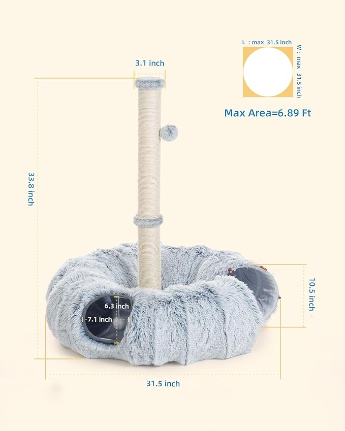 Aechonow 3-in-1 Cat Tunnel Bed, 34'' Tall Cat Scratching Post for Indoor Cats, Fluffy Peekaboo Donut Hideout Toy for Pets, Rabbit, Ferret