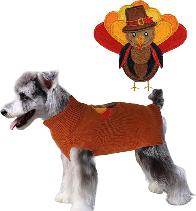 DELIFUR Thanksgiving Dog Turkey Sweater - Cat Turtleneck Knitted Sweater with Leash Hole Thanksgiving Outfit for Small Dog Fall Color (Brown2#, Medium)