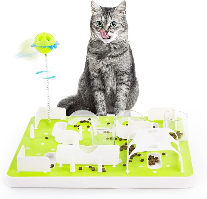 ALL FOR PAWS Interactive Cat Puzzle Feeder, Slow Feeder with Teaser Ball, Treat Maze Feeder & Brain Toy, Mentally Stimulating Enrichment Toy for Kittens & Indoor Cats