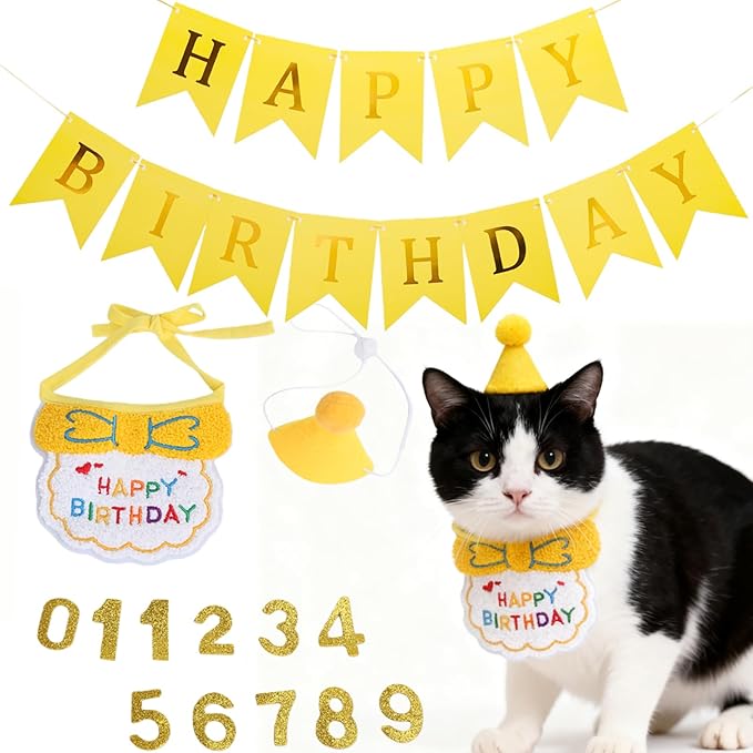 Lasflores Yellow Cat Birthday Supplies Set - Kitten Hat, Number Decor & Happy Birthday Banner Outfits