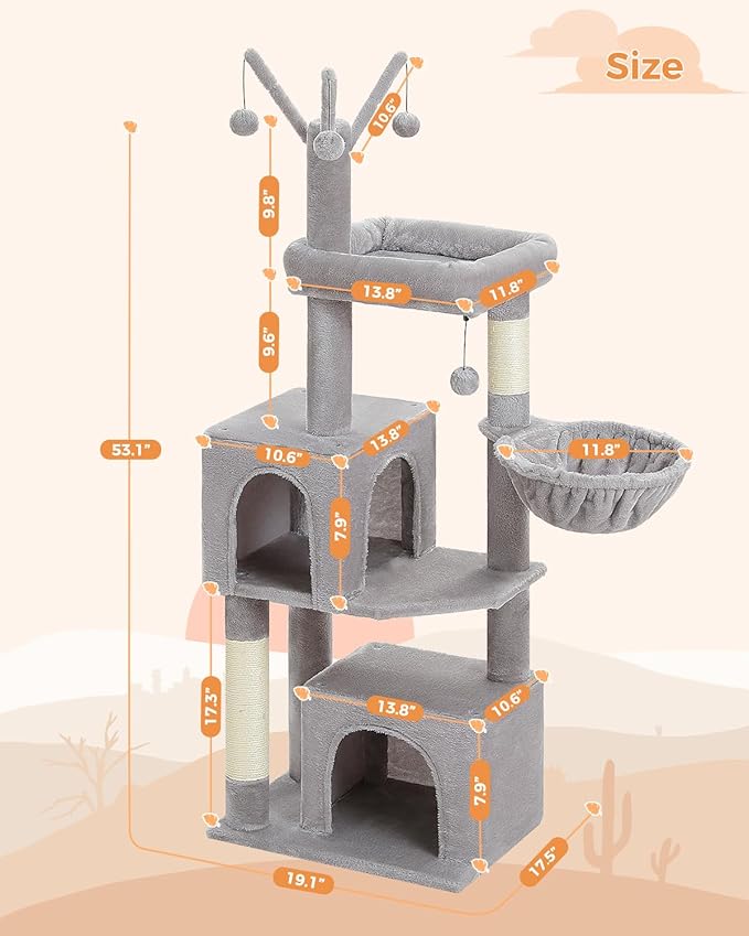 53-Inch Tall Cat Tree with 2 Condos for Indoor Cats,Cat Tower with Scratching Posts for Small Cats,Grey Cat Tree Tower with Hammock and Cat Toys