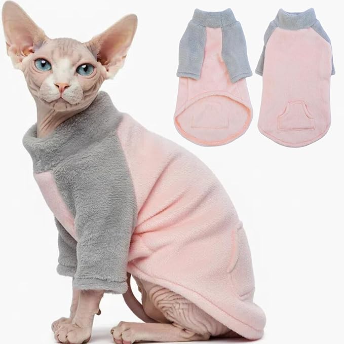 T'CHAQUE Sphynx Cat Clothes, Soft Fleece Sweaters for Hairless Cats, Pajamas With Sleeves, Winter Warm Outfit Onesie Jumpsuit Hoodie for Kittens