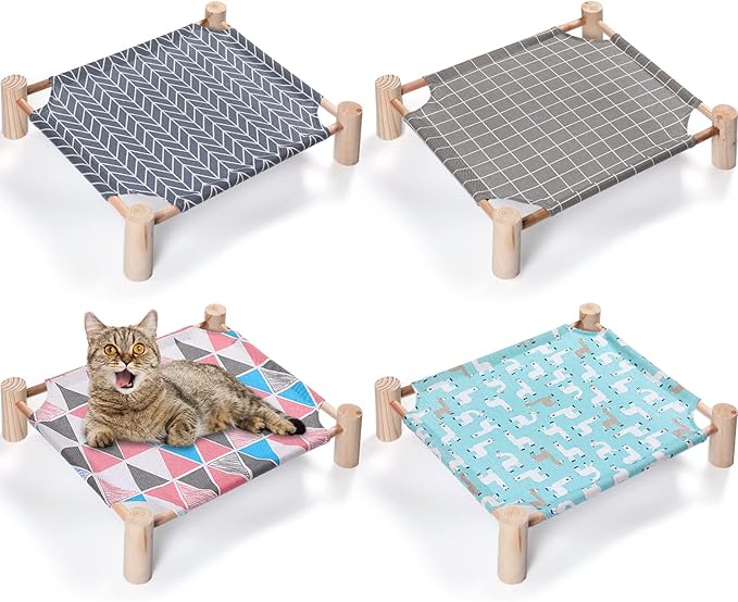Mixweer 4 Pcs Cat Hammock Bed Wooden Cooling Elevated Bed Detachable Portable Chair for Small Dogs Pets Sleeping Indoor and Outdoor 21 x 19 x 5 Inch(Alpaca)