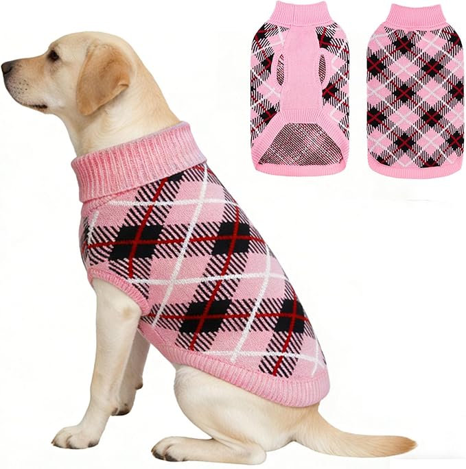BEAUTYZOO Dog Sweater for Large Dogs, Fleece Dog Knitted Pullover Sweater for Girls Boys, Fall Winter Warm Soft Turtleneck Puppy Clothes Apparel, Cold Weather Knitwear with Leash Hole, Pink L