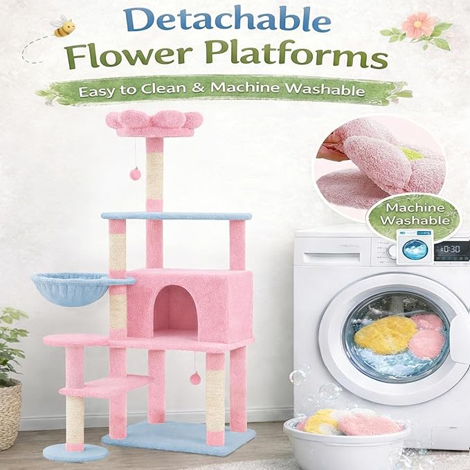 Flower Cat Tree 56 Inches，Large Cat Tower with Detachable Flower Cushions and Hiding Condo, Pink Cat Tree with Hammock Bed, Interactive Toys and Scratching Posts for Indoor Cats