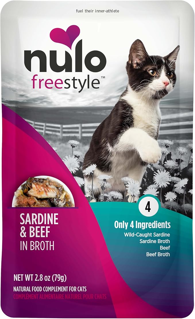 Nulo FreeStyle Cat & Kitten Wet Cat Food - Sardine & Beef in Broth, Grain-Free, High Protein Soft Food Topper Treat, 2.8oz Pouches (Pack of 24)