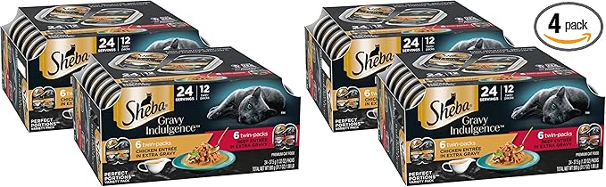 Sheba Gravy Indulgence Adult Wet Cat Food Beef and Chicken Entree in Extra Gravy Variety Pack,2.6 oz. -Pack Trays (,24 Servings),12 Count (Pack of 4)