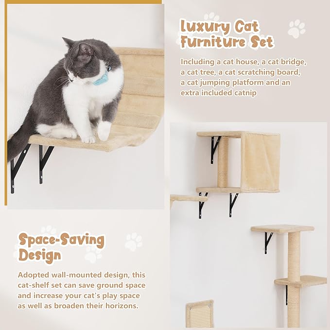 Wall Mounted Cat Furniture Set of 5 With Tree, Perch, Scratcher, Bridge and Condo, Gray (Beige)