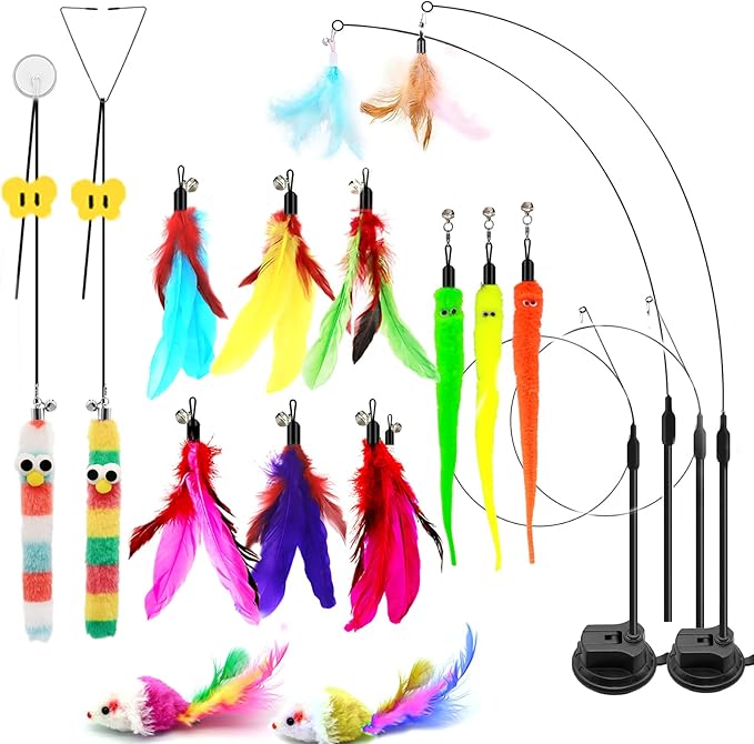 4-in-1 Interactive Cat Toys Set - Feather, String,Suction Cup Cat Toy Stick & Wand Toys with 15 Replaceable Attachments for Indoor Cats
