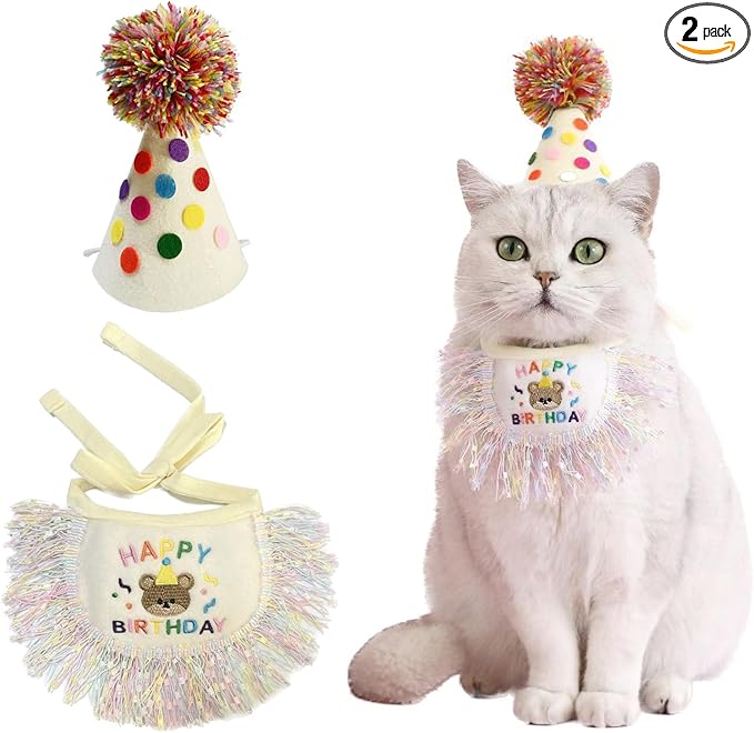 Cat Birthday Bandana Scarf and Party Hat Cute Tassels Bib Scarf and Birthday Hat Cat Birthday Party Decorations Set